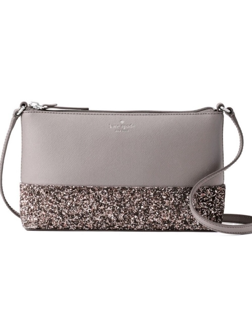 Kate Spade Grey Gold Leather Glitter Crossbody Bag EUC 10”x 6”- 20”handle drop